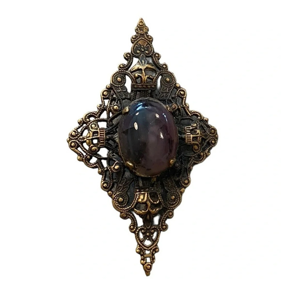 victorian goth antique gold color with gray stone brooch - Picture 1 of 4